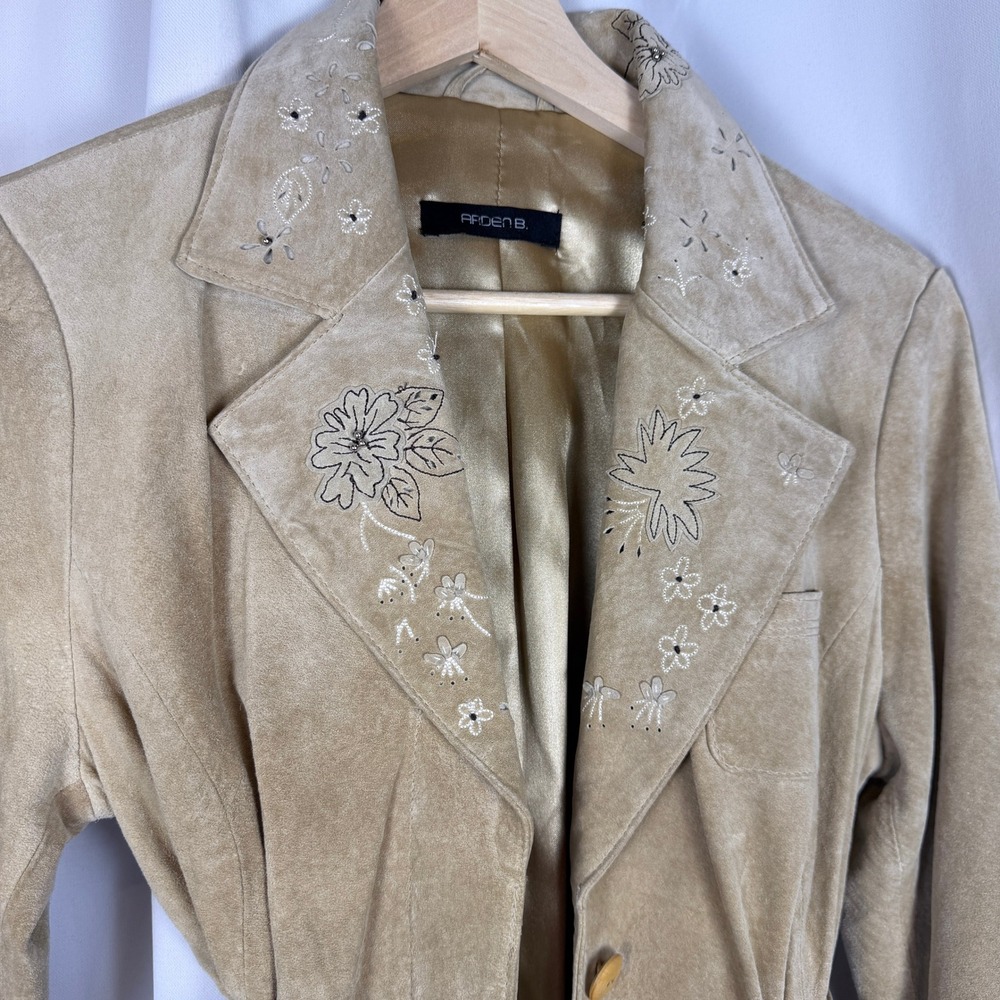 Arden B Womens Tan Suede Leather Embroidered Floral Belted Jacket Tan Boho 1069